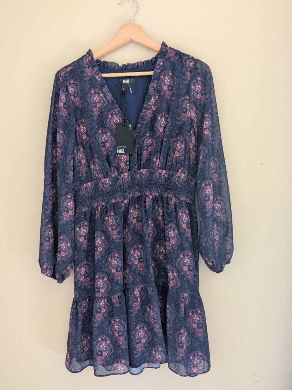 NWT PAIGE Jeanne Dress Navy Multi Paisley Floral Ruffle Mini Dress Size M - Picture 2 of 11